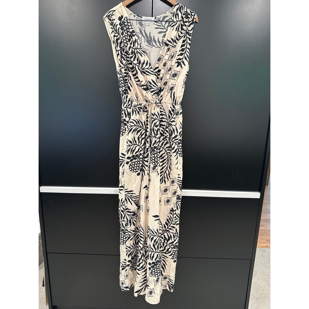 Gilli Black Cream Tropical Leaf Geometric Print Wide Leg Maxi Jumpsuit Small